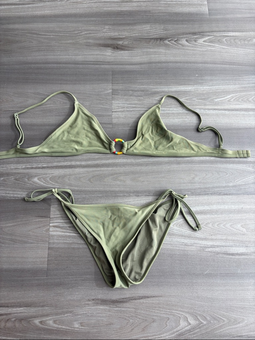 aerie Olive Green Triangle Bikini with Beaded Ring
